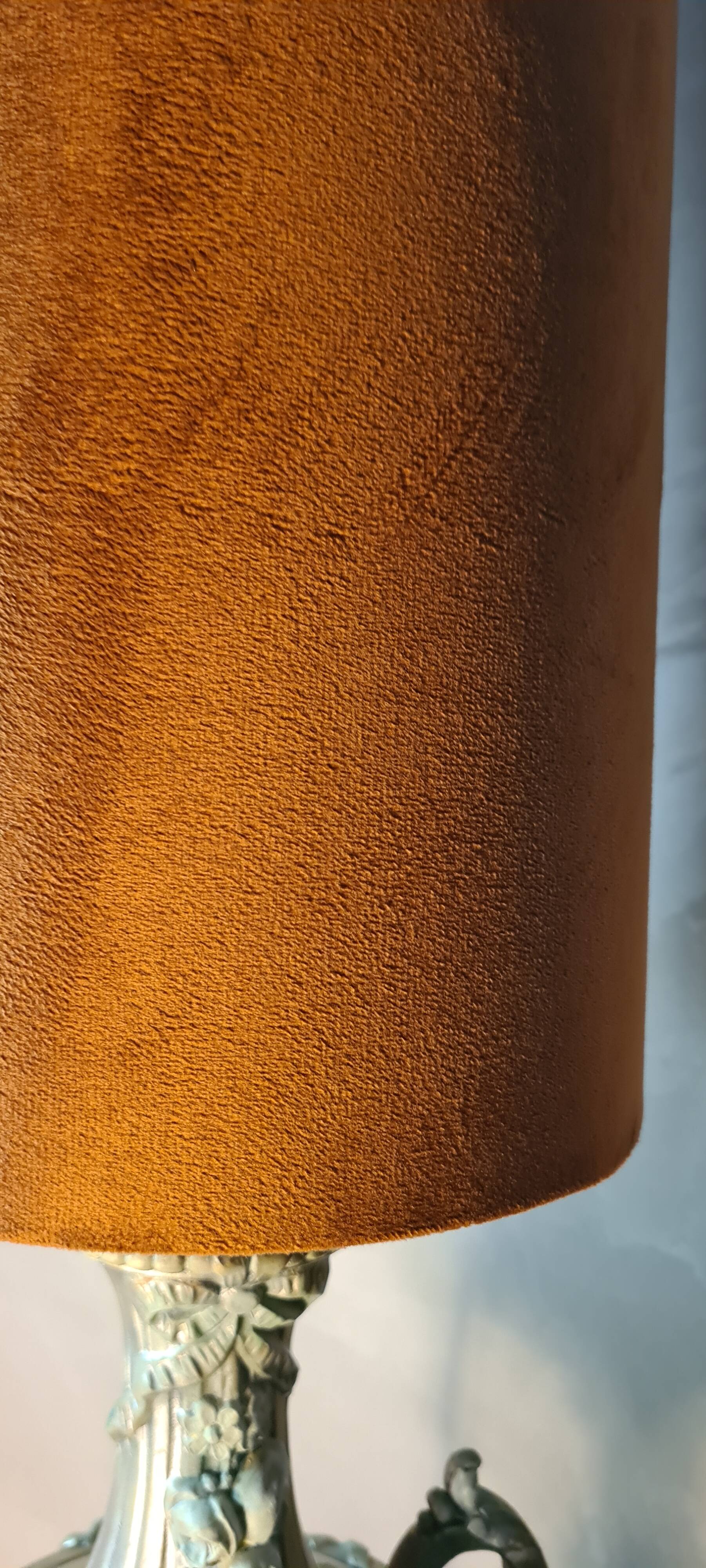 Vintage rococo style lamp, regency, regule steel patinated velvet lampshade 66x20