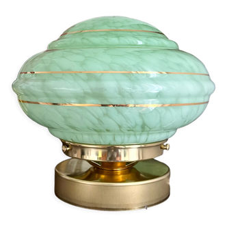 Vintage table lamp - green Clichy glass globe and gold edging - art deco