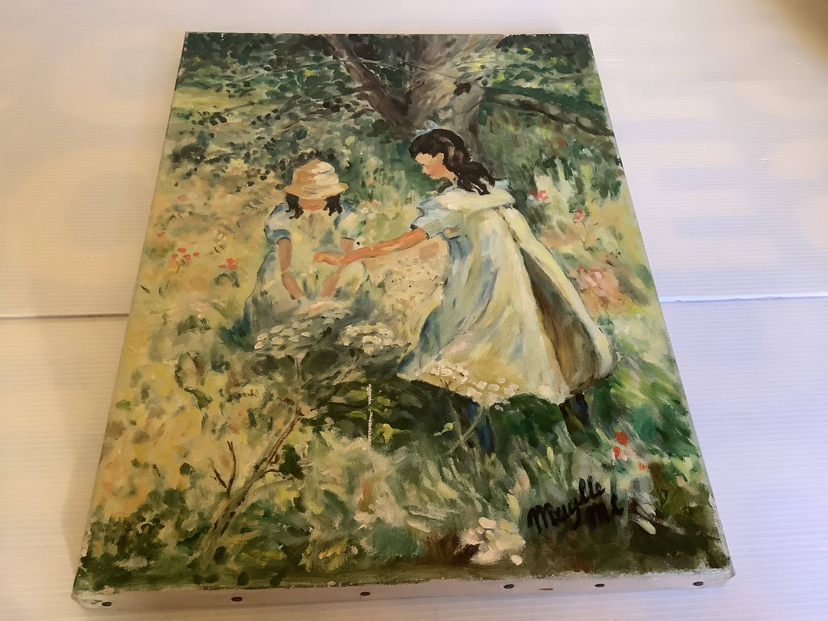Painting of young girls in the garden, oil on canvas, signed