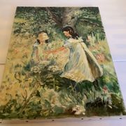 Painting of young girls in the garden, oil on canvas, signed
