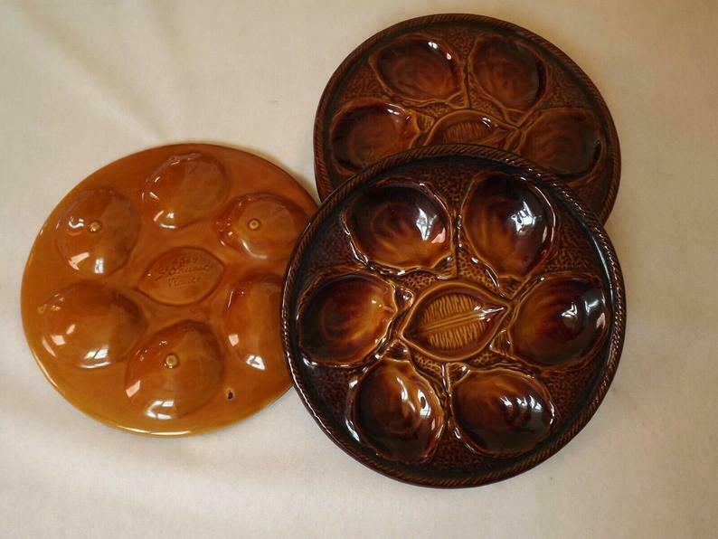 Set of 6 vintage French majolica oyster plates by St Clements France.