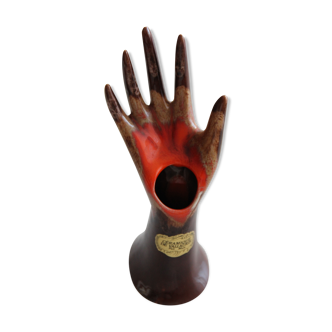 Baguier, vase main, céramique Vallauris fait main orange et marron