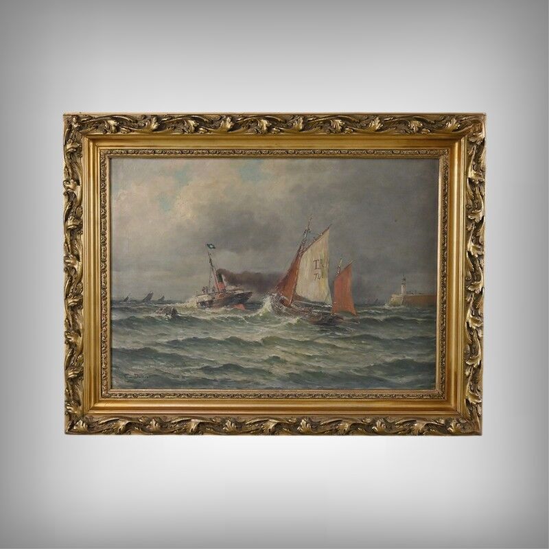 Painting "Entry to the Port in Rough Seas", oil on canvas, signed C. Demont – early 20th century