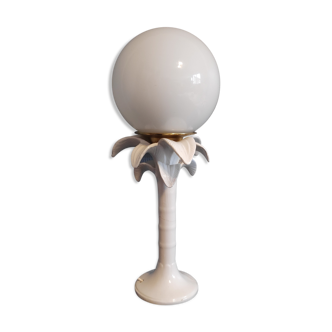 Lampe palmier en céramique blanche italienne et globe opaline
