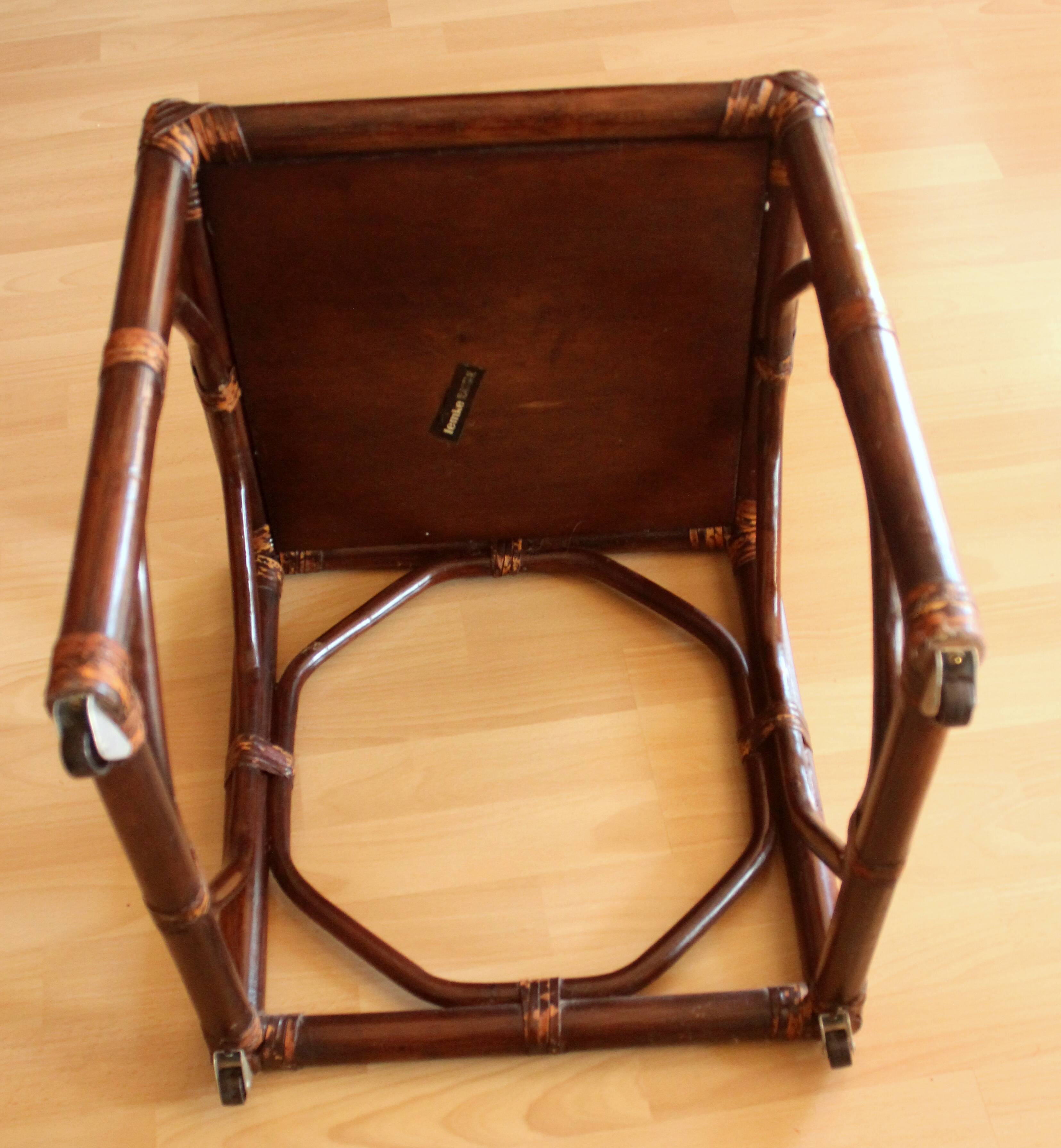 Small side table on rolls made of rattan, bamboo and wood, handmade Vintage