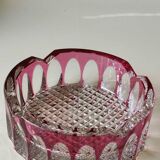 Large Val St-Lambert Ashtray/Vacuum Bin. Cranberry. Oval/Cross-hatched Patterns. Diam 15.5 cm