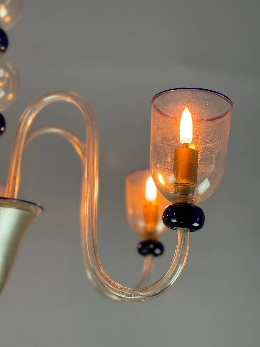 Venetian chandelier in gold and dark blue Murano glass, 5 light arms, circa 1960