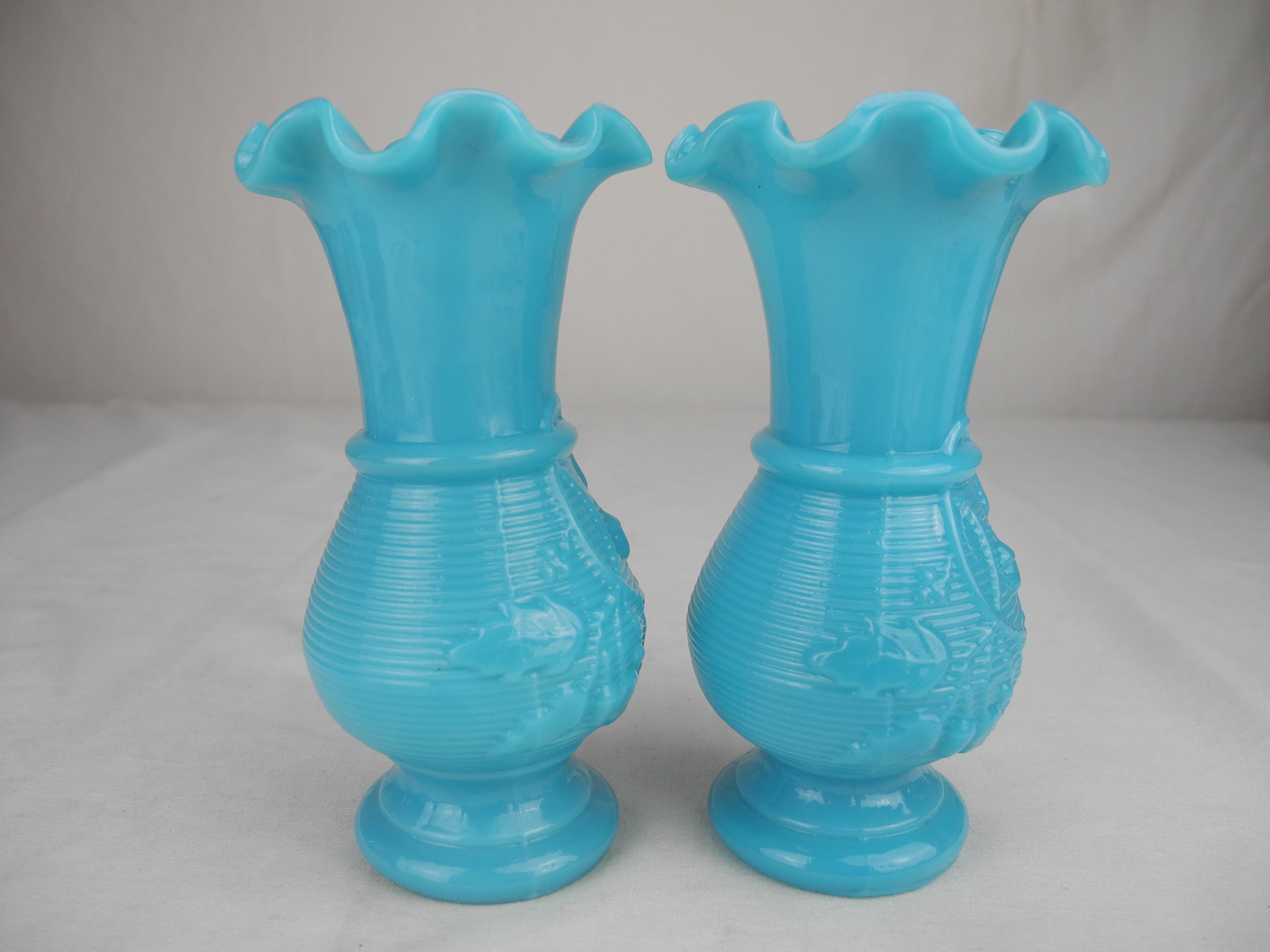 pair of small old blue opaline vases, shabby kitsch decor