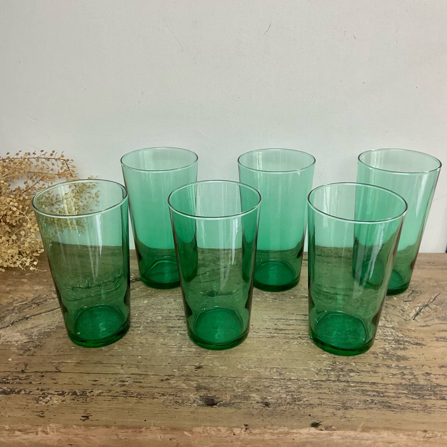 6 vintage emerald green glasses