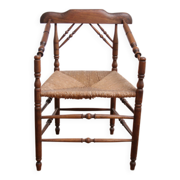 Rare antique Dutch oak armchair with rush seat