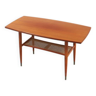 Table basse vintage en teck double plateau canné 1960 Danemark