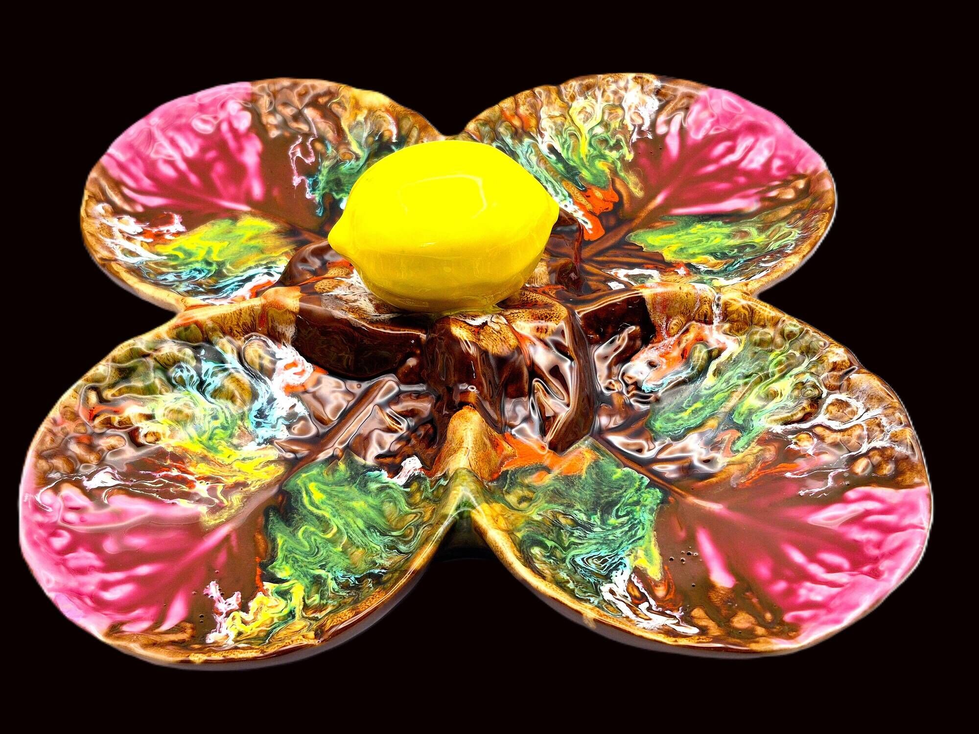 Vintage Vallauris A.M. plate – quadrilobed enamelled bowl with lemon – 50s