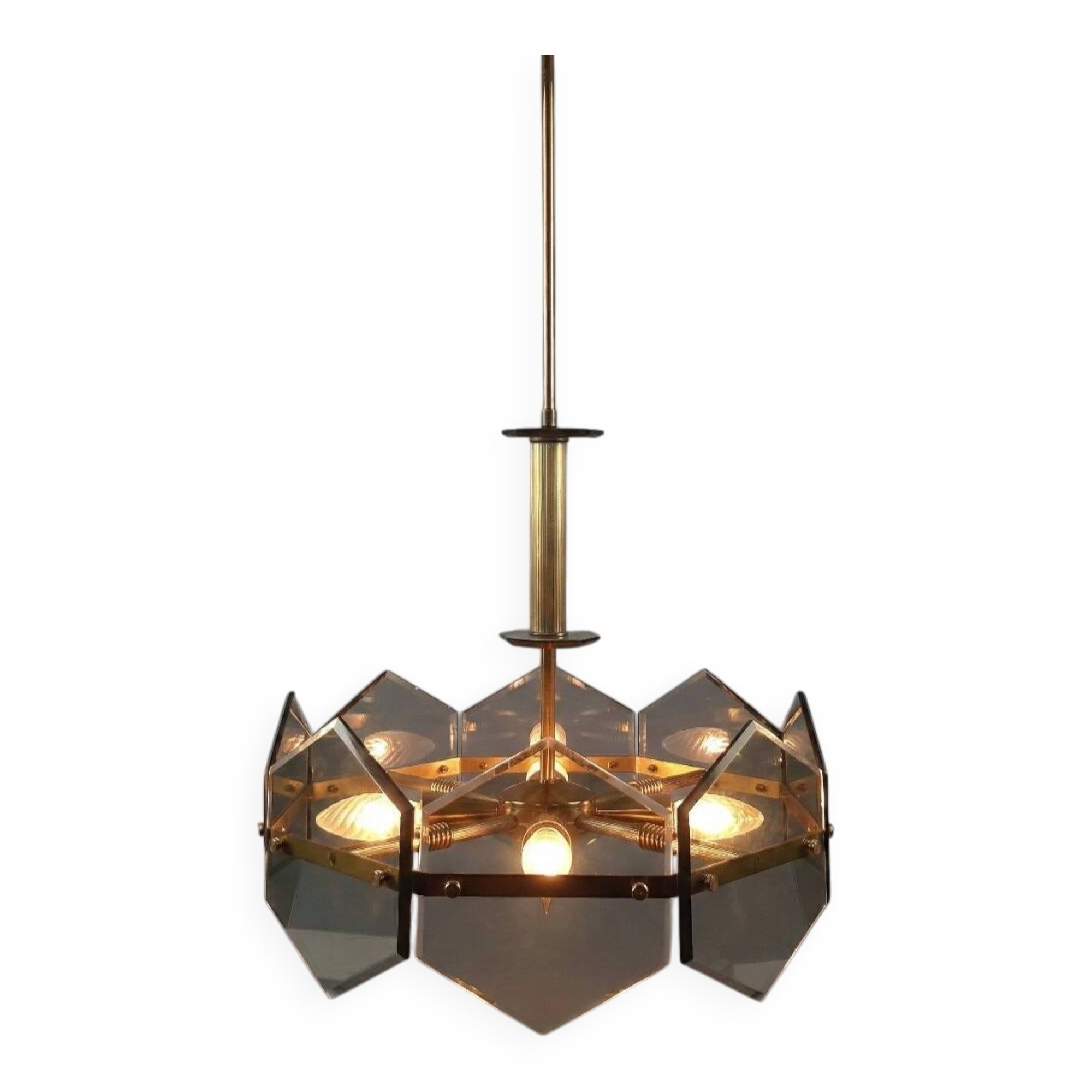 Lustre design Gino Paroldo Fontana Arte brass smoked glass modernist 1960