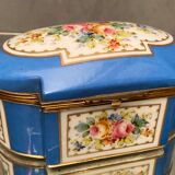 Domed porcelain box polychrome floral decoration on blue background brand Sèvres
