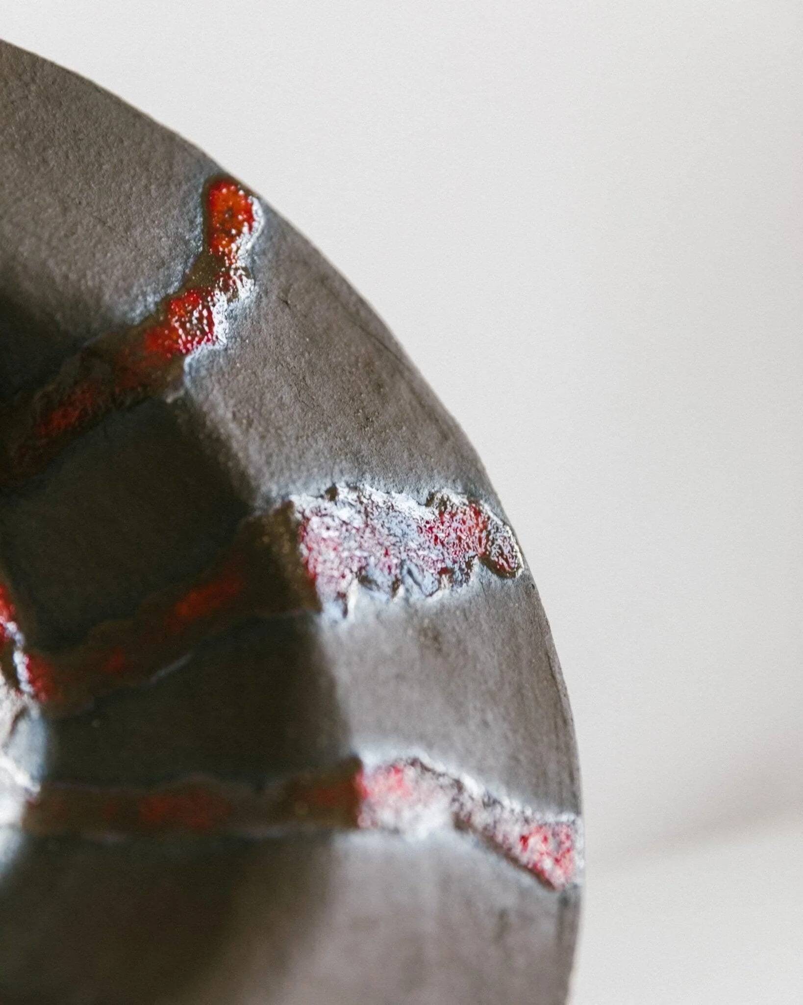 Brown Stoneware Bowl with Red Glaze Streaks, Partially Glazed-Vintage Italian Studio Ceramic, 1970s