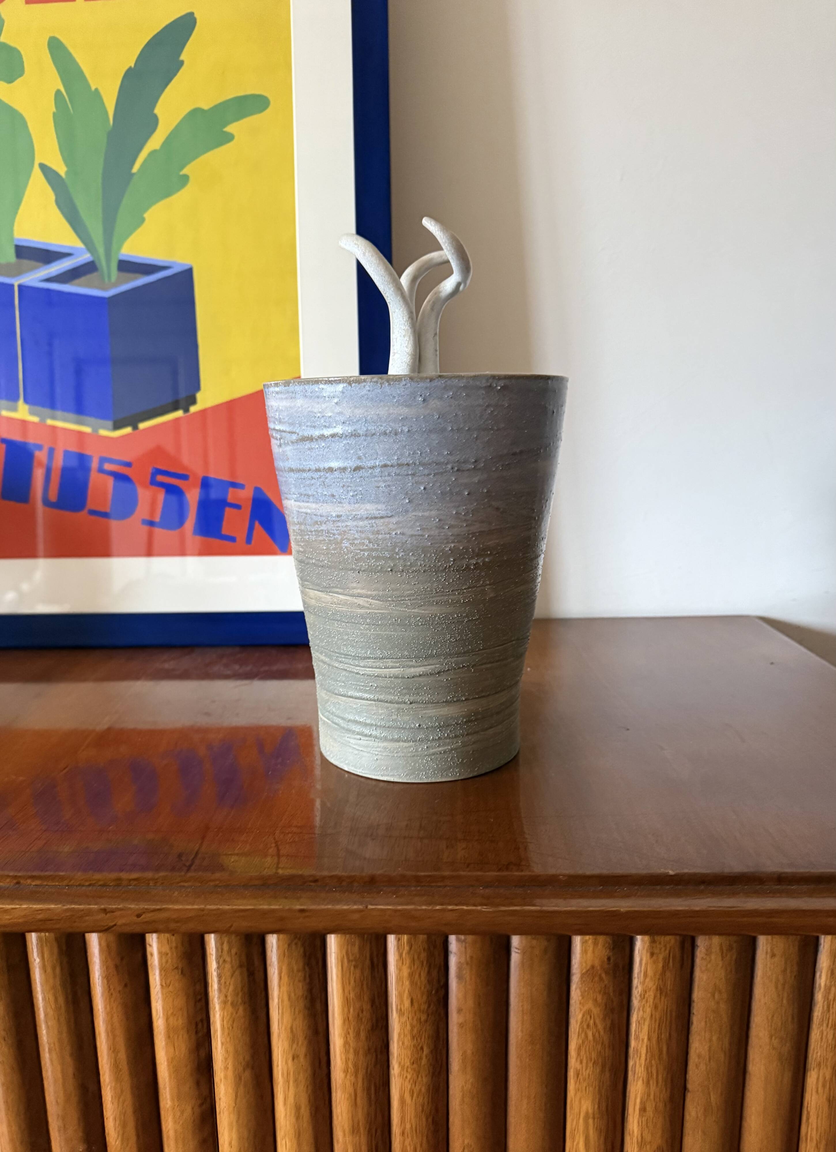 Mid-century style blue artistic ceramic vase, Gabriele Bucci Italy ca. 2000