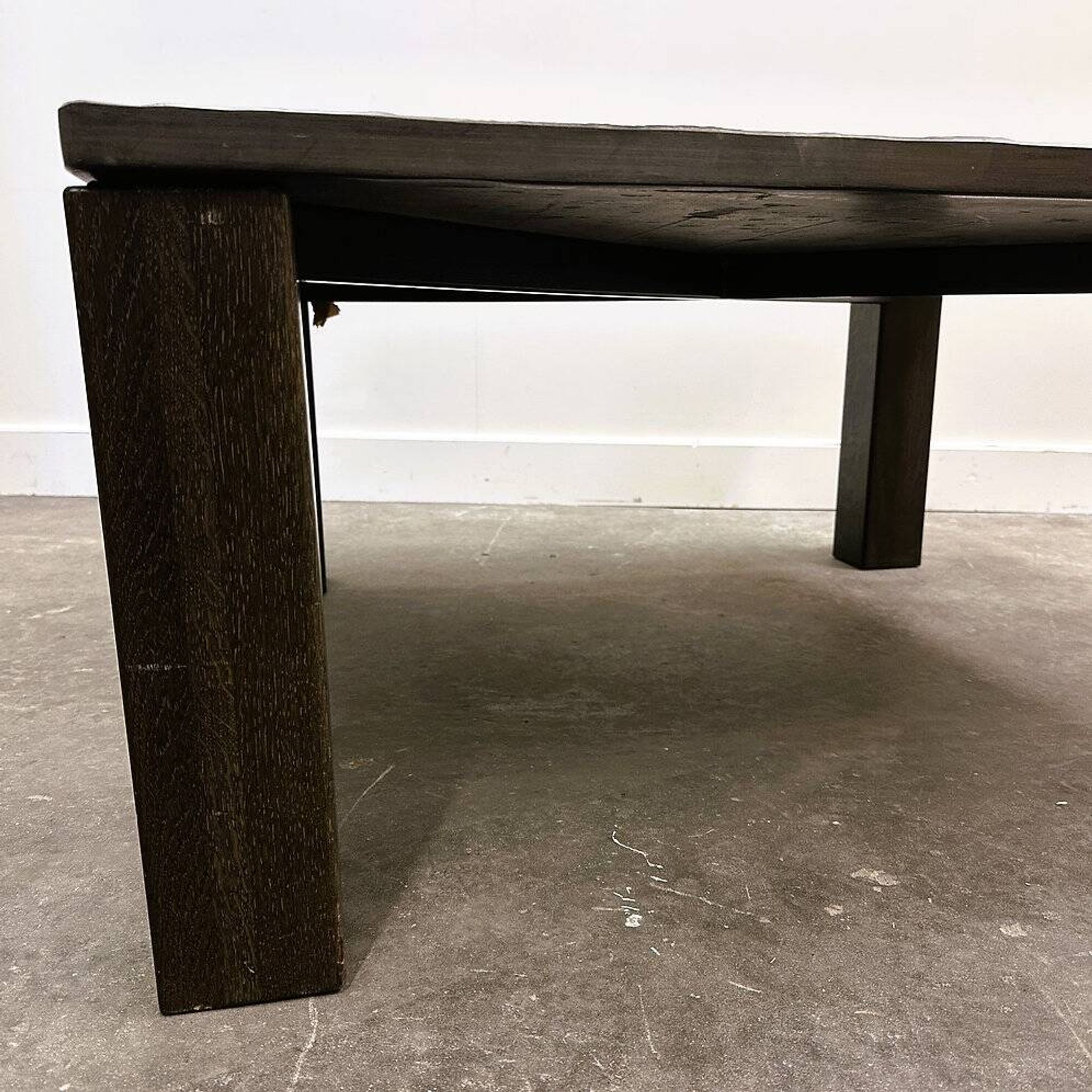 French 1970s slate & solid oak coffee table — textural slate slab, sculptural presence