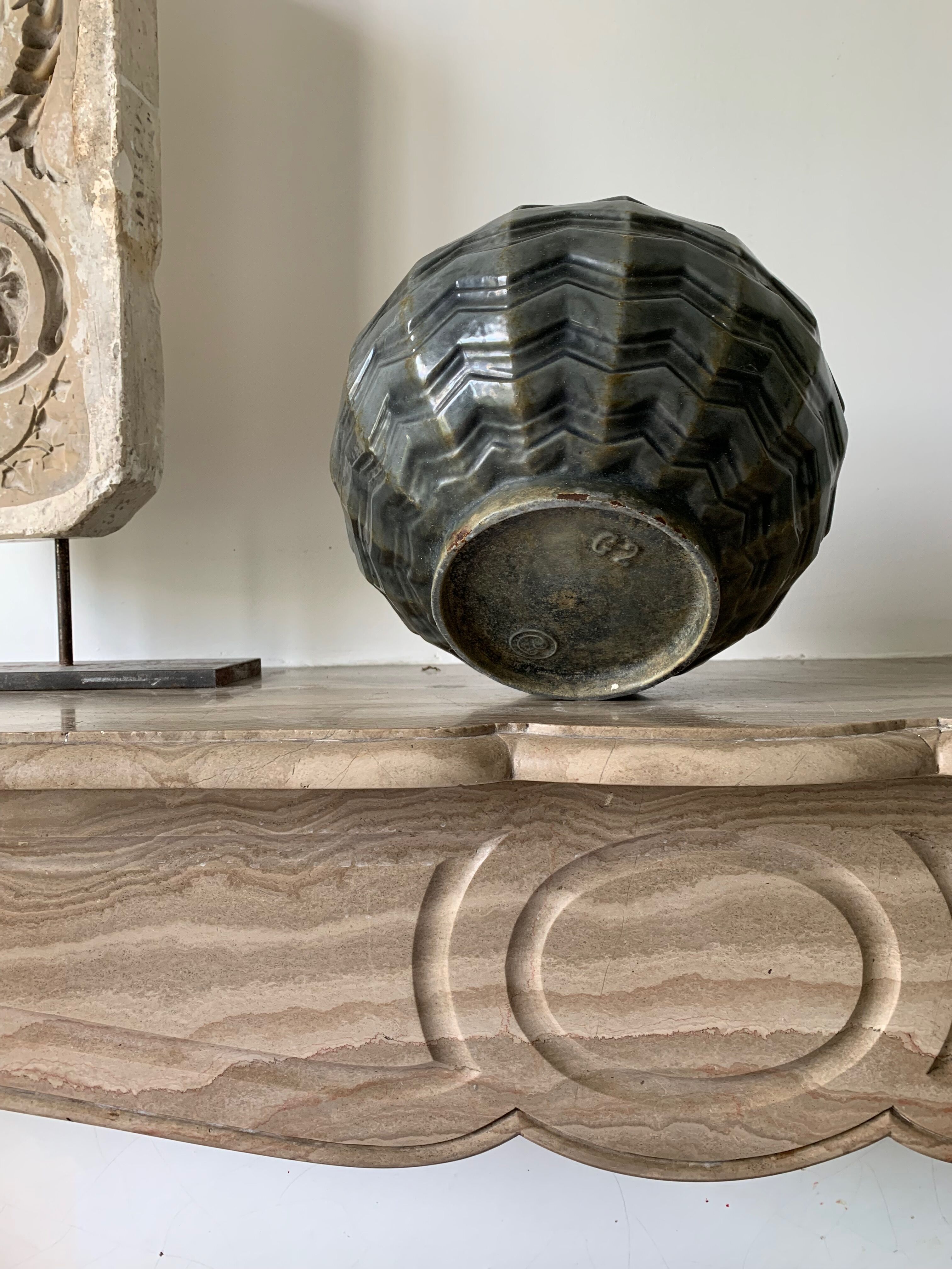 Vase grey ball cast iron emmaille pattern triangle art deco