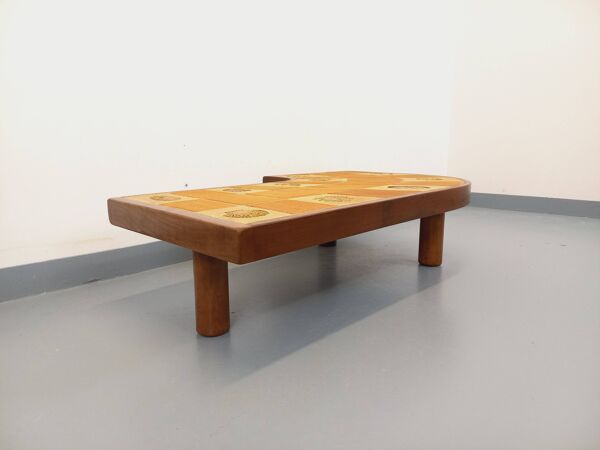 Table basse virgule Barrois motifs coquillages vintage en bois et céramique