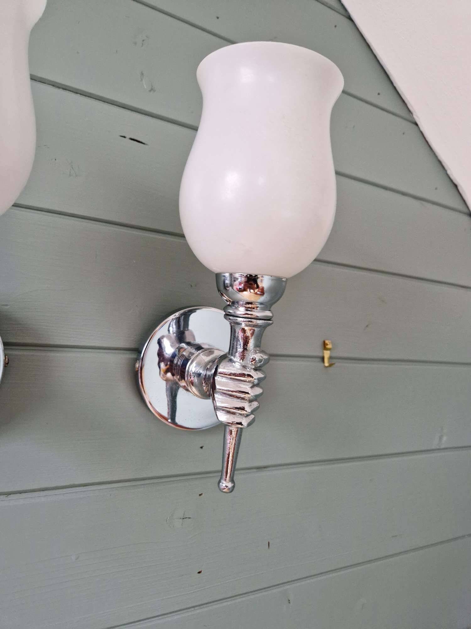 Pair of wall lights in chromed metal and white satin glass, 1960