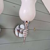 Pair of wall lights in chromed metal and white satin glass, 1960