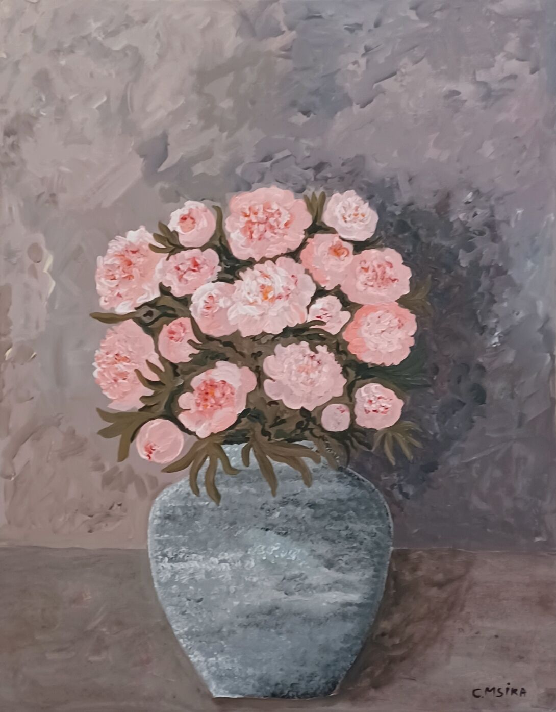 Painting of a bunch of coral-colored peonies in a gray vase