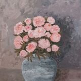 Painting of a bunch of coral-colored peonies in a gray vase