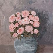 Painting of a bunch of coral-colored peonies in a gray vase