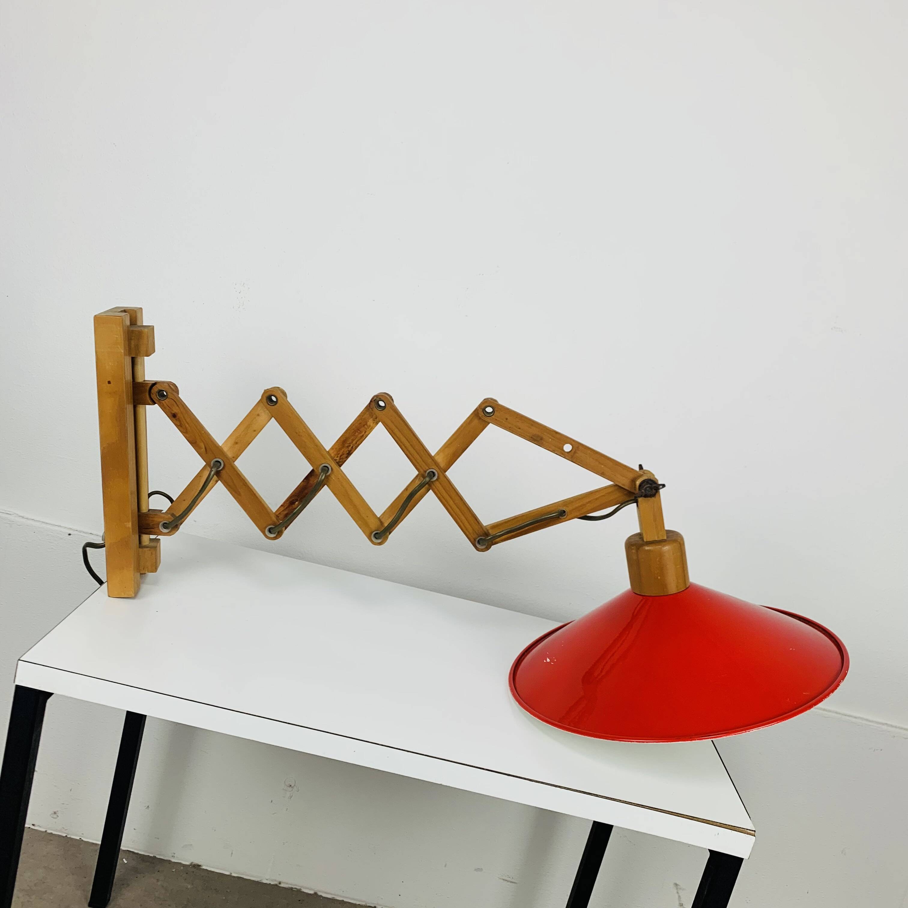 SCE 60s accordion wall light, wood and red reflector