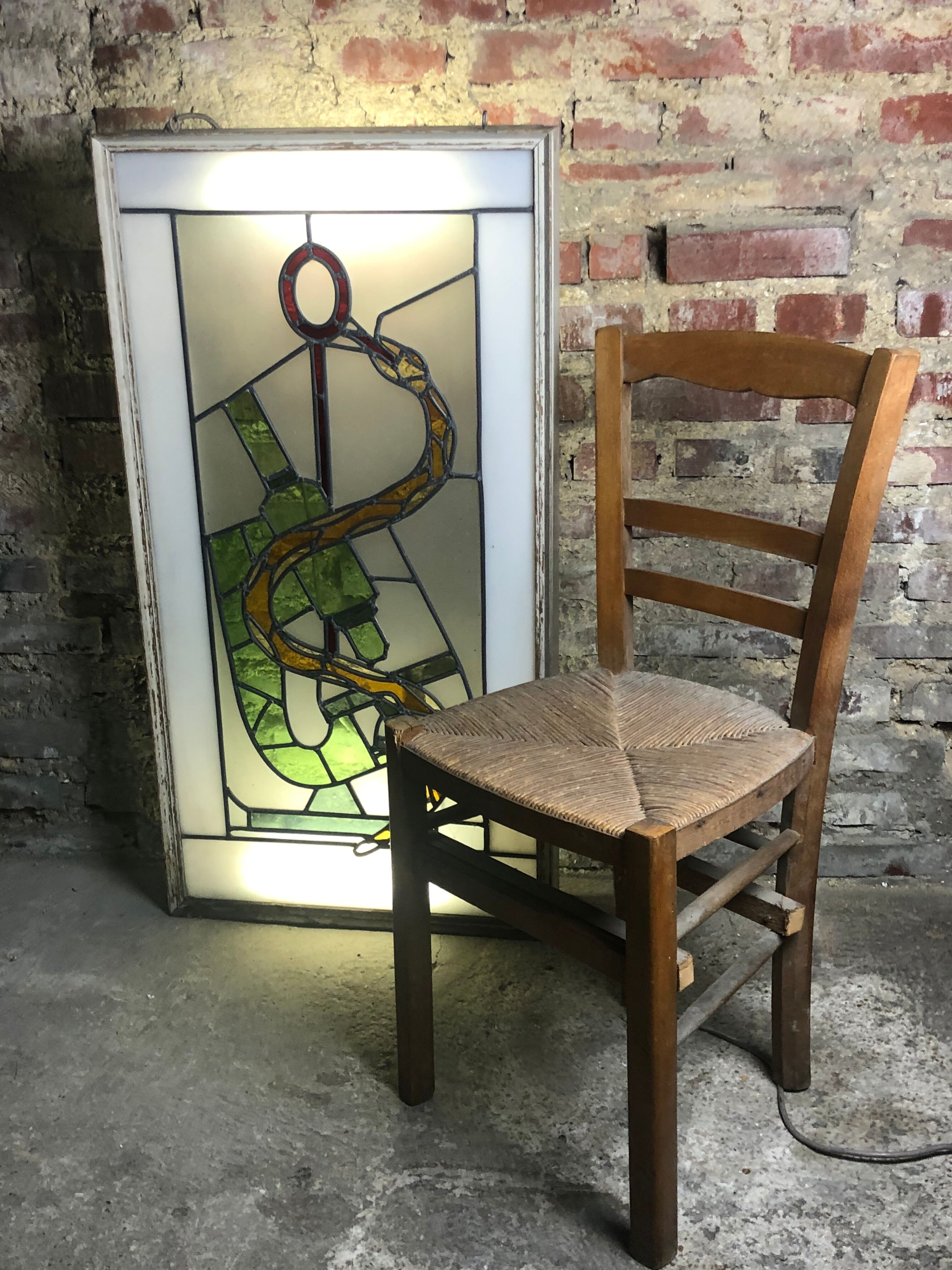 Old stained glass sign with deciduous decoration and microscope