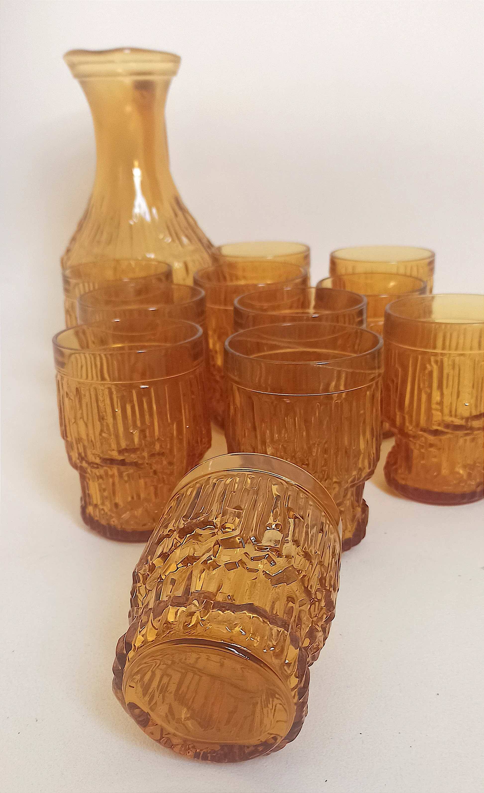Orange juice set textured glass amber Empoli 2 decanters 12 glasses 70s