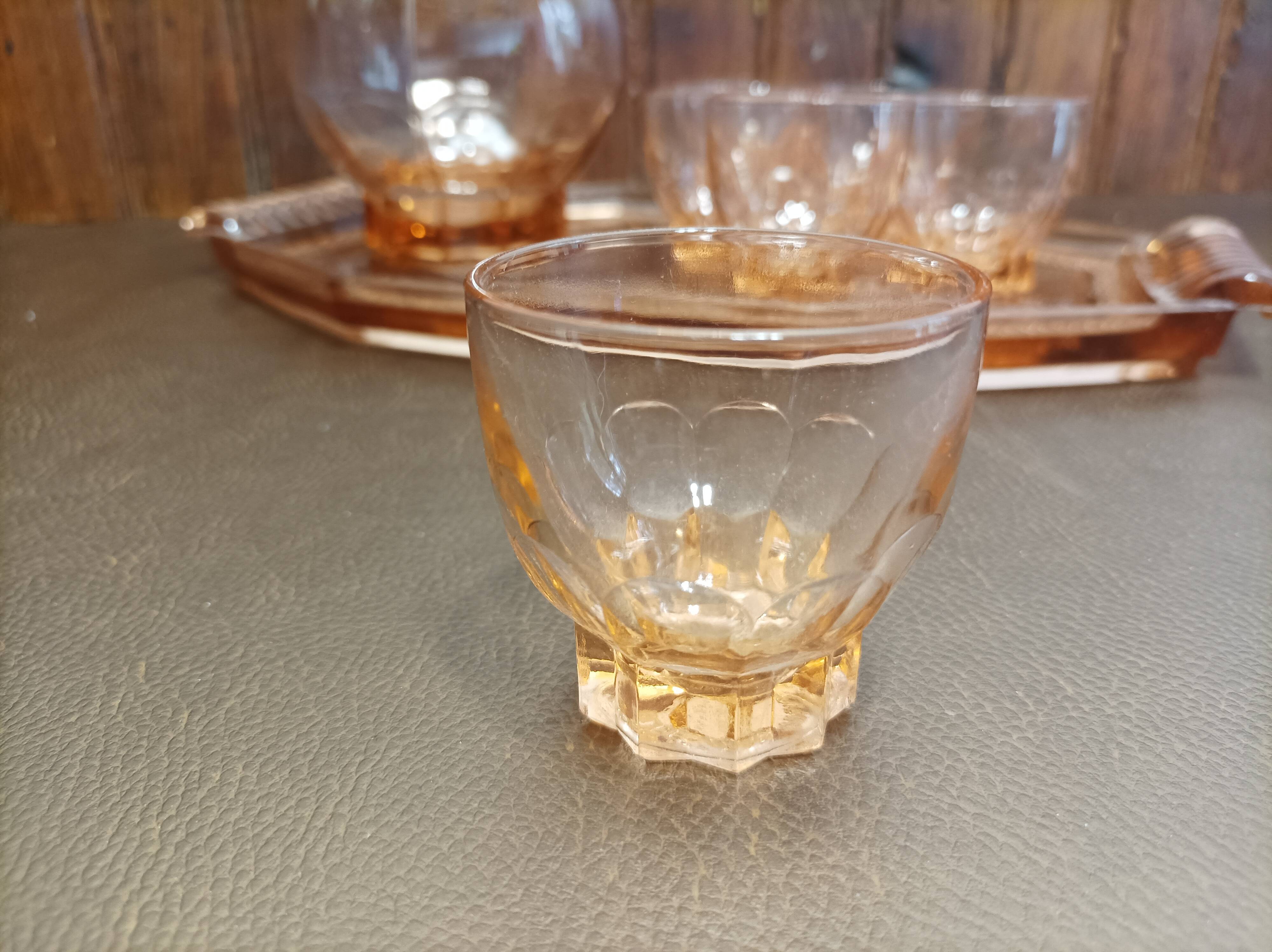 Aperitif set carafe tray and 6 glasses - thick pink glass - art deco