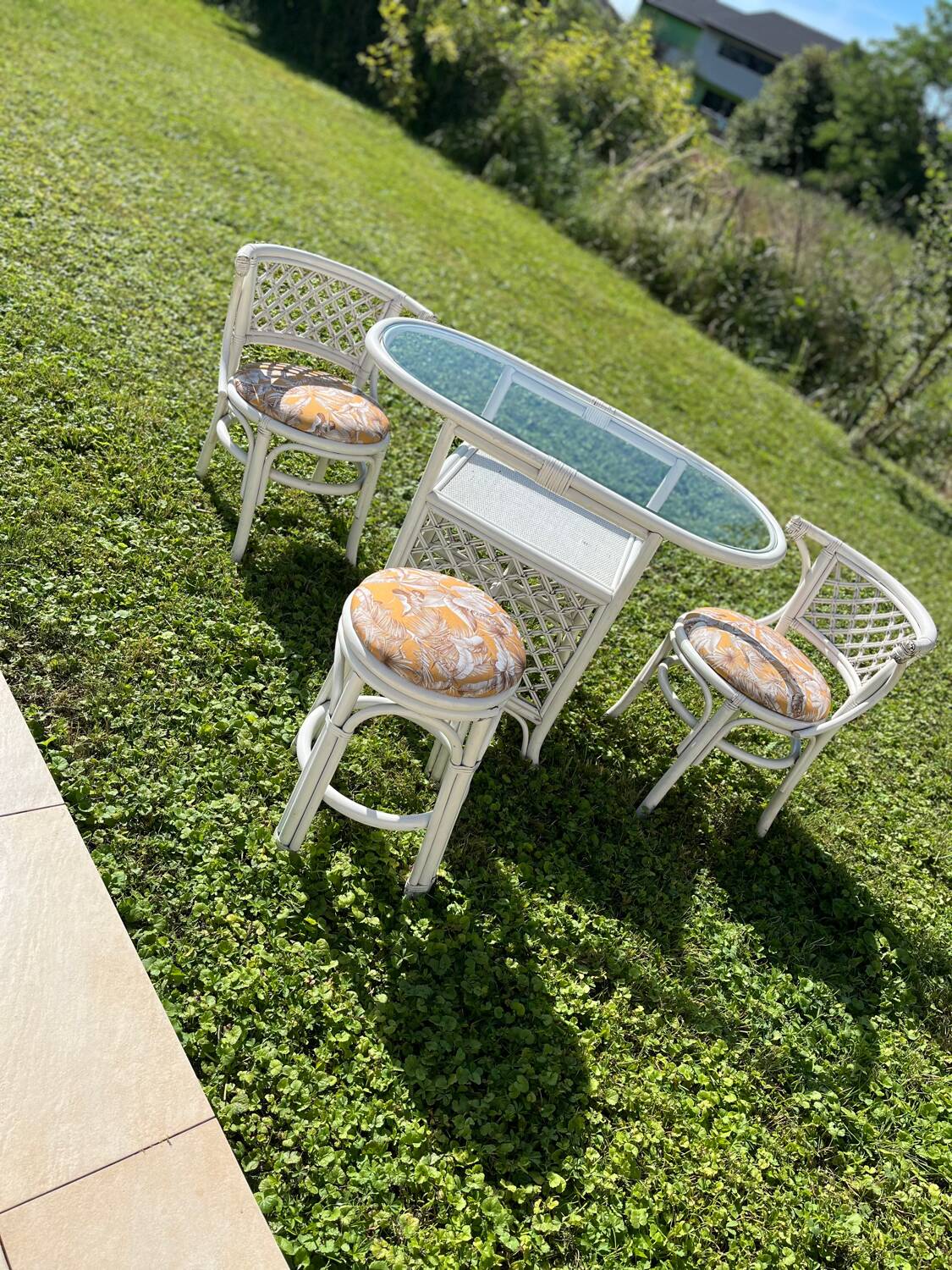 Vintage White Rattan/Bamboo Garden Furniture Set with 2 Chairs and a Stool