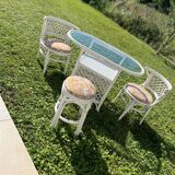 Vintage White Rattan/Bamboo Garden Furniture Set with 2 Chairs and a Stool