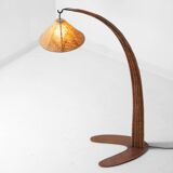 Italian wood arc floor lamp in rattan, 1970s