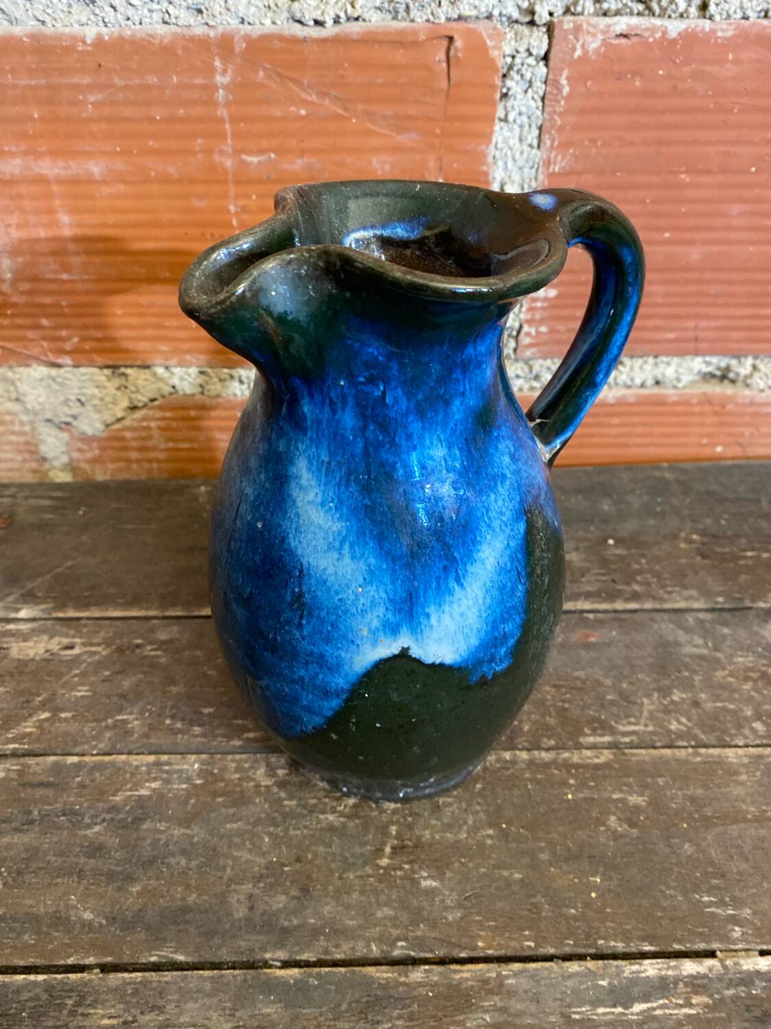 Vintage 1970s Black and Blue Glazed Stoneware Jug