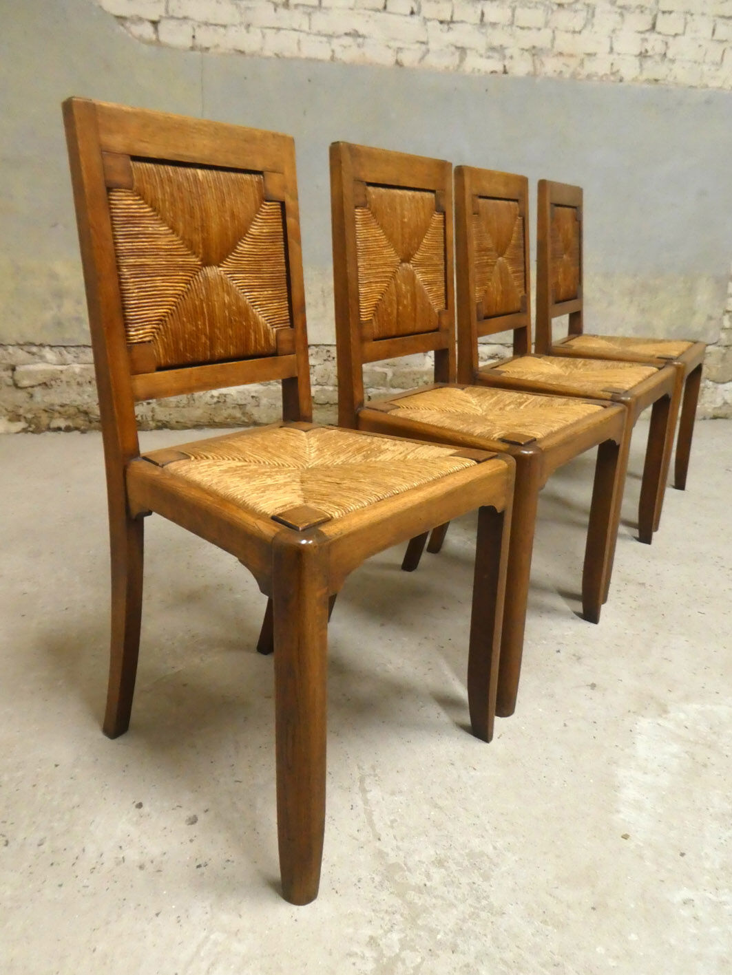 Set of 4 oak and straw chairs, 1950
