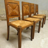 Set of 4 oak and straw chairs, 1950