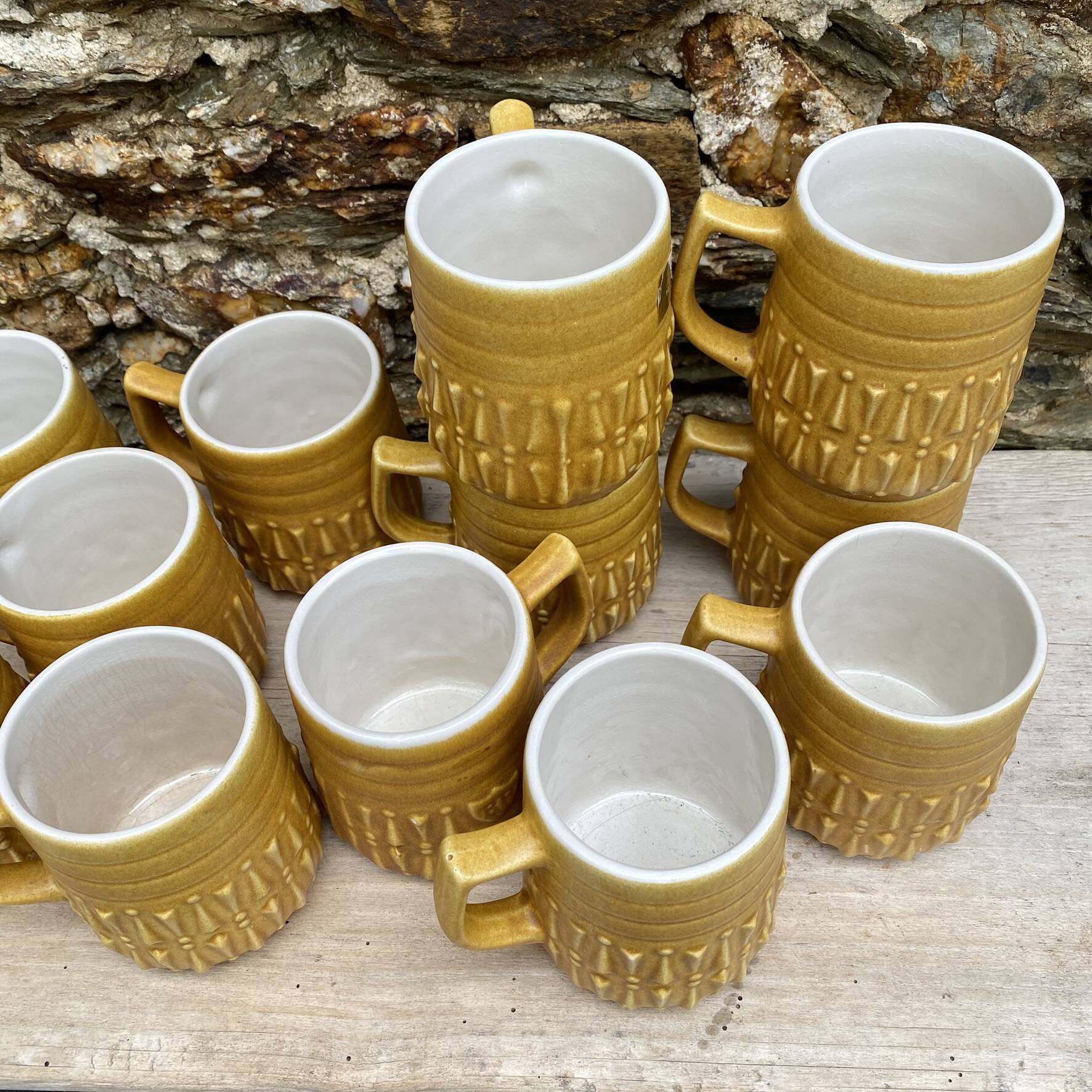 Vintage BP ceramic mugs from the 1970s.