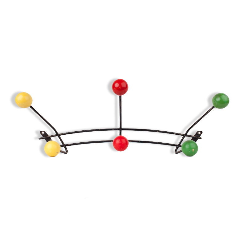 Coat rack in black metal 6 round pegs 1950s