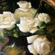Large still life with white roses in an old gilded oval frame.