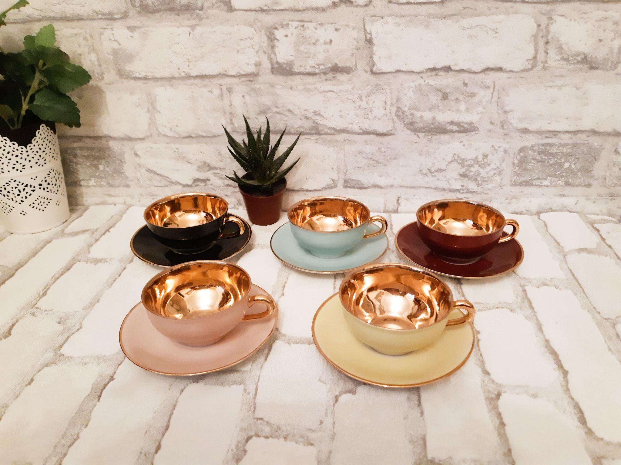 French fine porcelain coffee cups, colors and gold