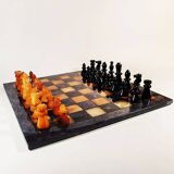 1970s Big Chess Set in Hand Carved Alabaster of Volterra - Black and Brown