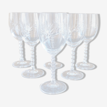 Lot 6 glasses of white wine / port crystal cut twisted foot Epis Cristal d'Arques