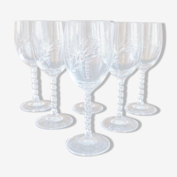 Lot 6 verres à vin blanc/porto cristal taillé pied torsadé epis cristal d'arques