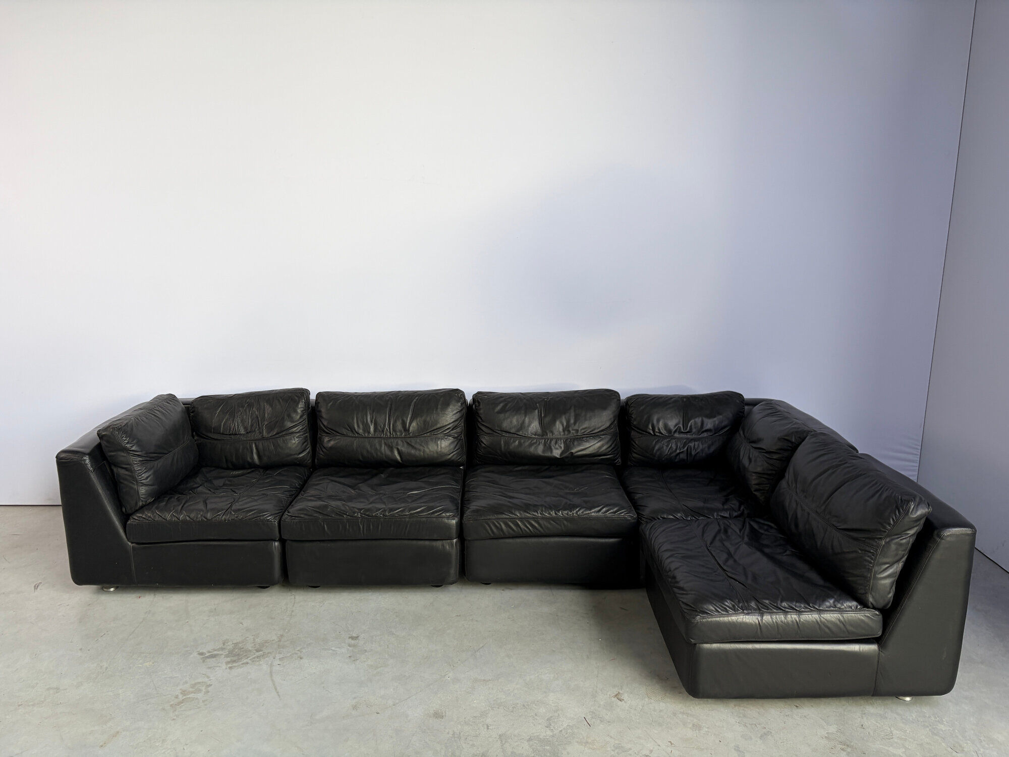 Vintage black leather modular sofa, 1970s