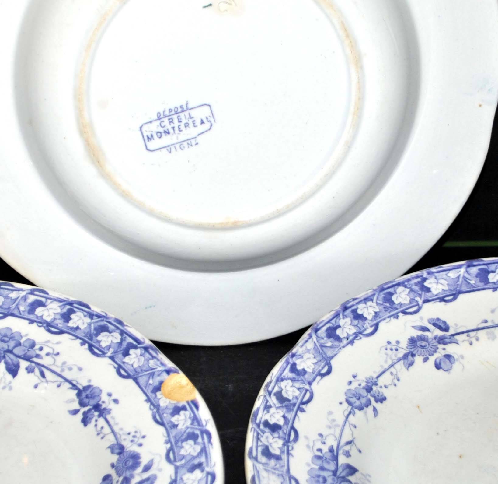 Set of 4 old earthenware plates from CREIL & MONTEREAU with purple vine decoration, 19th century.