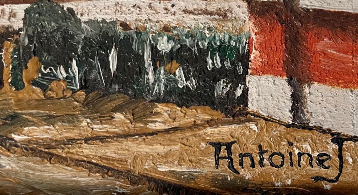 1930s French oil painting on canvas, industrial site with mine in Northern France