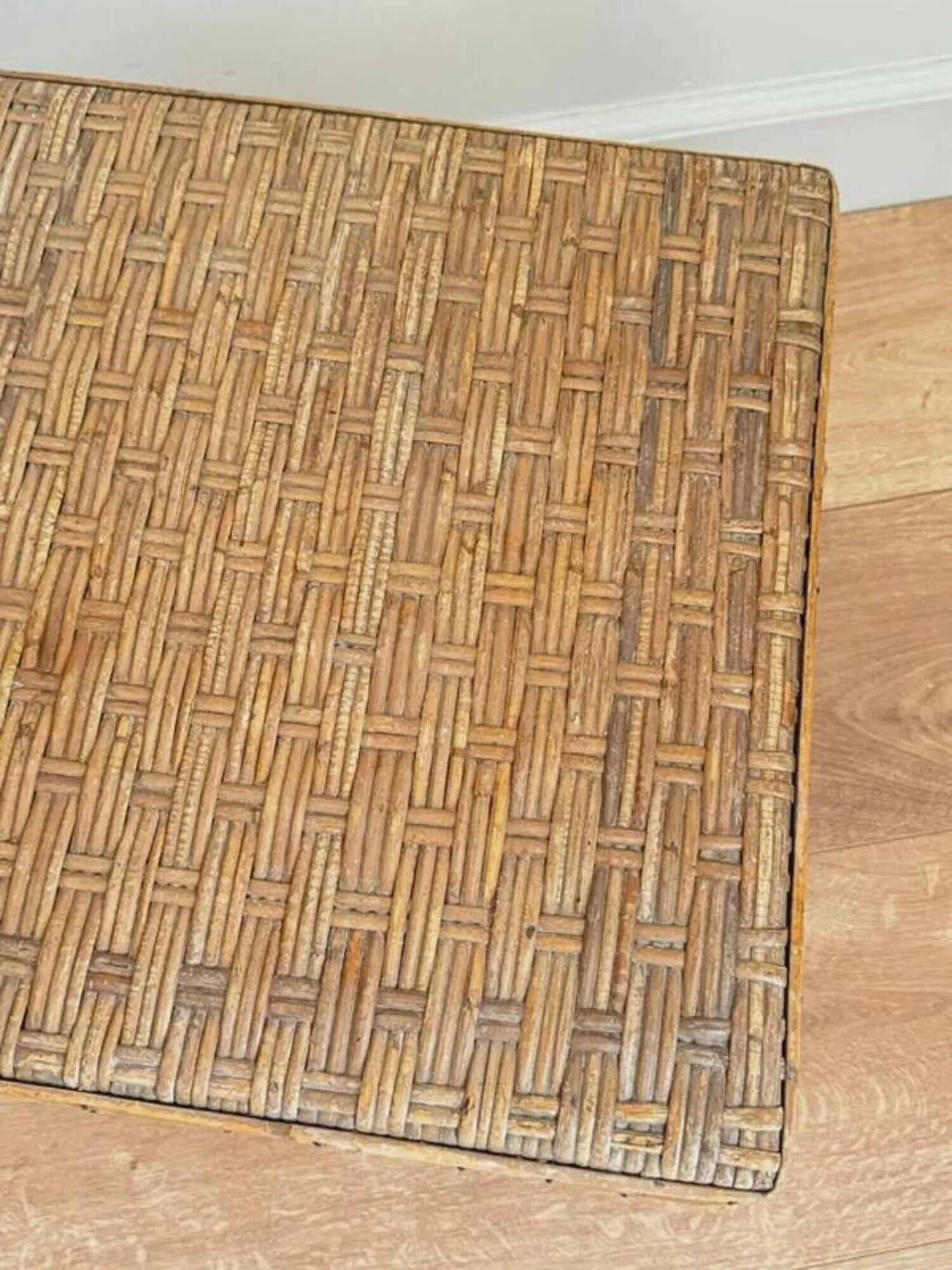 Small vintage 1960 woven rattan side table | Bohemian chic wicker end table, antique bamboo coffee table for the living room.