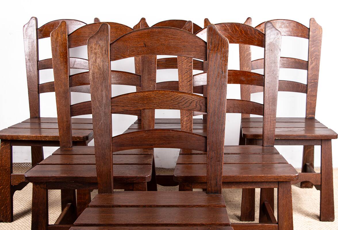 Set of 6 large Brutalist chairs in solid oak from the 1950s.